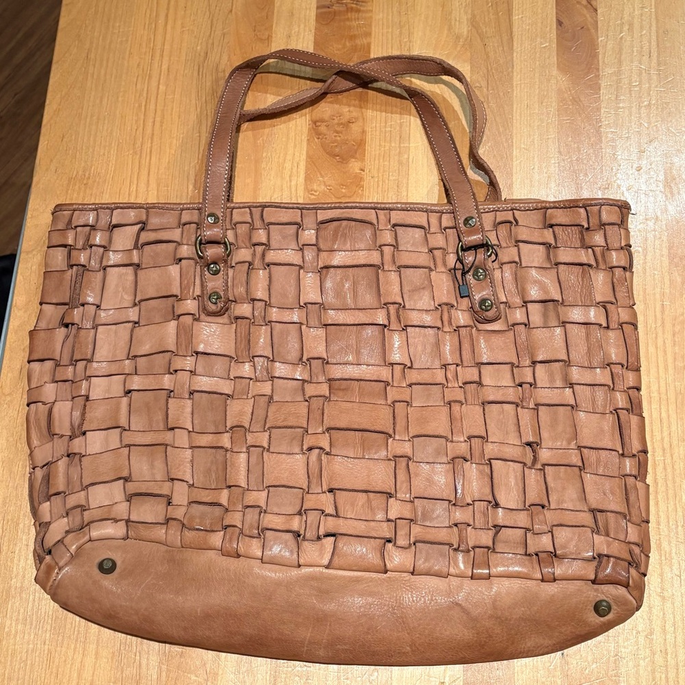 Tan Leather Woven Tote Bag with Artisanal Craftsmanship